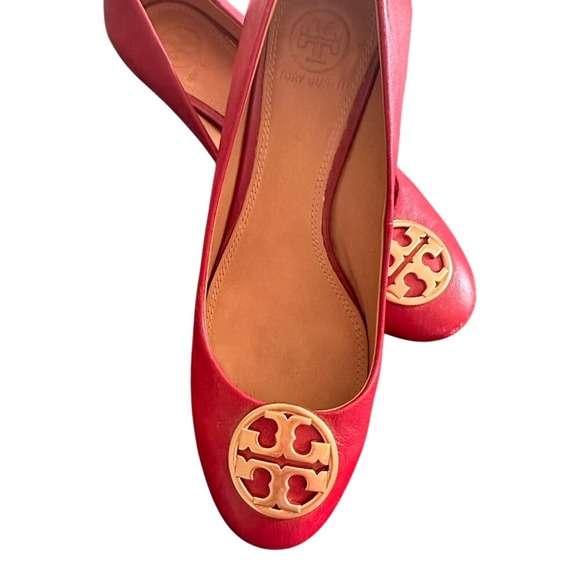 Tory Burch Shoes - Tory Burch Red Leather Wedge Heels with Gold Logo Size 7.5